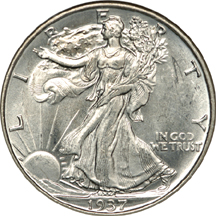 1937-D, 1937-S and 1942 Walking Liberty half-dollars. NGC MS-65.