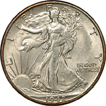 1938-D, 1941-S, 1942-S, 1943, 1944-S and 1946-D Walking Liberty half-dollars, NGC MS-64.