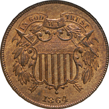 1864 Large Motto and 1866 Two-Cent Pieces, NGC.