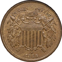 1864 Large Motto and 1866 Two-Cent Pieces, NGC.