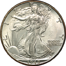 1942-D, 1943-S, 1945-D and 1947-D Walking Liberty half-dollars. NGC MS-65.