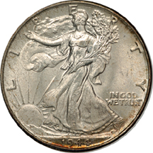 1943-D, 1944, 1944-D and 1945 Walking Liberty half-dollars, NGC MS-66.