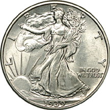 Seven Walking Liberty half-dollars.