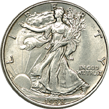 Seven Walking Liberty half-dollars.