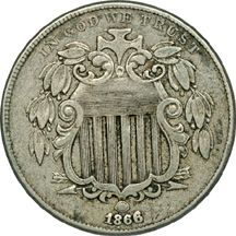 Eight Shield Nickels.