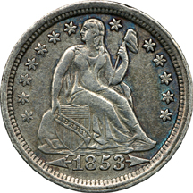 Thirteen Seated Liberty Dimes.