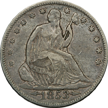 Seven Seated Liberty half-dollars.