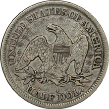 Seven Seated Liberty half-dollars.