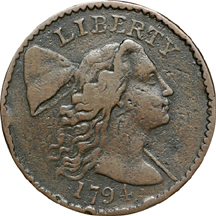 1794 Head of 1794 (Short Bust/Bow Skewed Left) S-47, R-4, VF-30 details, net VG.