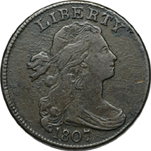 1807 Perfect Date, Small Fraction, 1838 and 1857 large-cents (attributed).