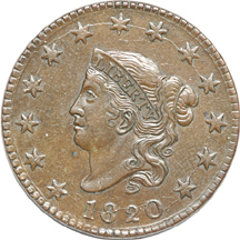 1820 Coronet and three Braided Hair large cents.