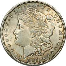 1881 (x4) and 1891-O (x4) Morgan dollars.