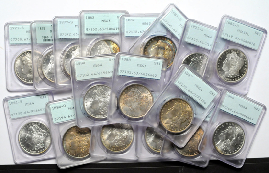 Seventeen certified Morgan silver dollars, PCGS.