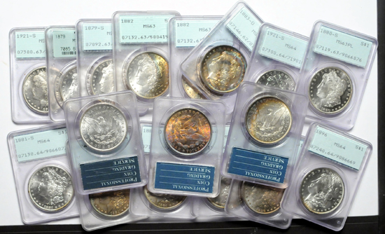 Seventeen certified Morgan silver dollars, PCGS.