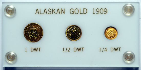 Three piece BU set of 1909 Alaska Yukon-Pacific 1/4, 1/2 and 1 DWT gold by M. E. Hart Co.