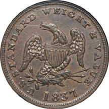 1837 Half Cent Hard Time Token, Low-49, HT-73. NGC MS-62.