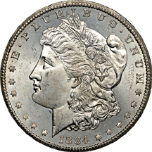 Two 1884-CC GSA Morgan dollars, NGC MS-65.