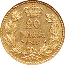 1925 Yugoslavia Alexander 1 gold 20 Dinara. NGC MS-63.