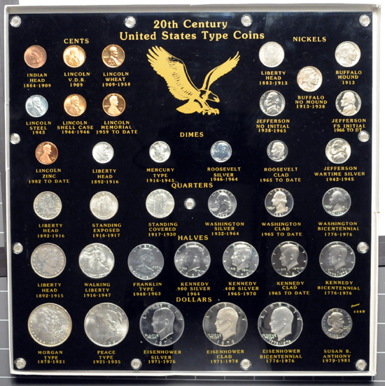 20th Century United States type coins in a Capital Plastics holder.