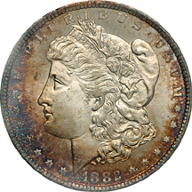 1882-CC, 1885 and 1887 Morgan dollars, NGC.