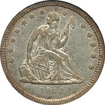 Five certified Seated Liberty quarters.