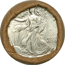 Original roll of 1945 Walking Liberty half-dollars.