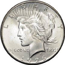 Five 1926-S Peace dollars.