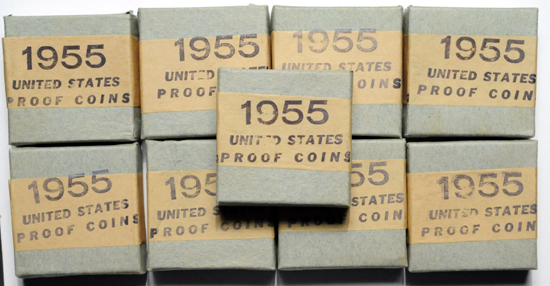 Nine unopened 1955 proof sets, in their original mint boxes.