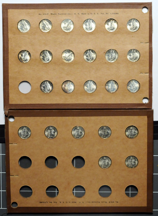 Two Wayte Raymond album pages (1935-D - 1945-S) of Mercury dimes.