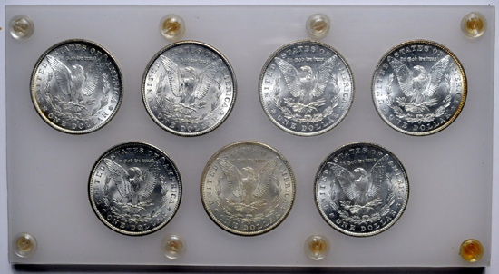 Seven O Mint (1898-O - 1904-O) Morgan dollars in plastic holder.