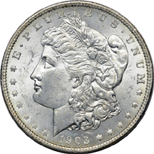 Seven 1903-O Morgan dollars.