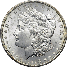 Seven 1903-O Morgan dollars.