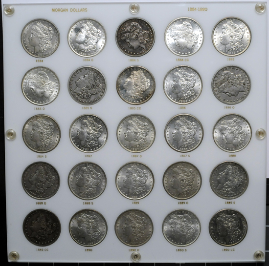 Capital Plastics board (1884 - 1890) of Morgan dollars.