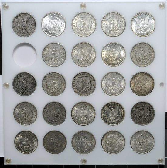 Capital Plastics board (1891 - 1898) of Morgan dollars.