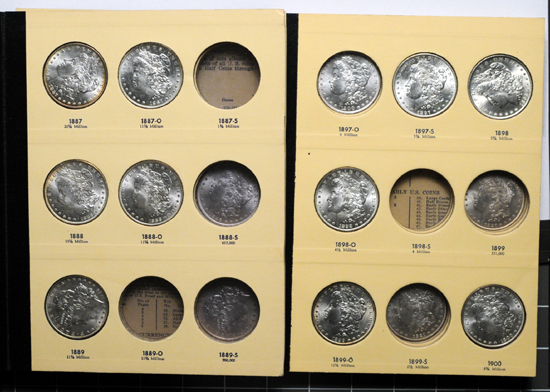 Albums (1887 - 1897 and 1897 - 1921) of Morgan dollars.