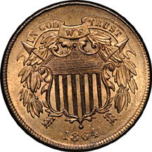 1864 Large Motto and five additional Two cent pieces.