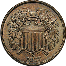 1864 Large Motto and five additional Two cent pieces.