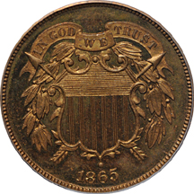 1865 PCGS PF-65 RB.