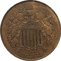 1867 Doubled Die Obverse, PCGS AU-55.