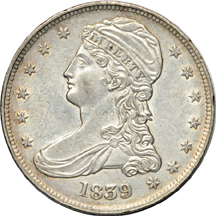 Seven half-dollar type coins.