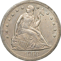 1868 and 1869 Seated Liberty silver dollars.