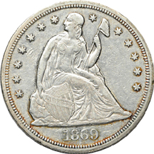 1868 and 1869 Seated Liberty silver dollars.