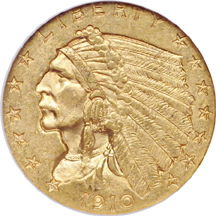 Two 1910 Indian quarter-eagles. NGC MS-62.