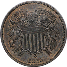 1863 two-cent pattern, J-312. PCGS MS-65 BN.