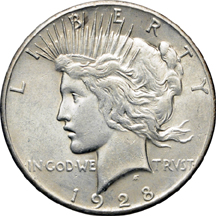 1927-D and 1928 Peace dollars.