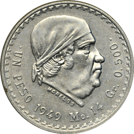 Three (Mexico) "Little Morelos", KM46, 1-pesos coin lot.