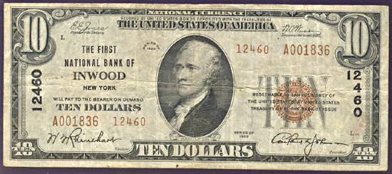 1929 $10.00. Inwood, NY Charter# 12460 Ty. 2. F.