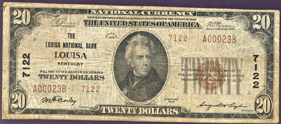 1929 $20.00. Louisa, KY Charter# 7122 Ty. 2. F.