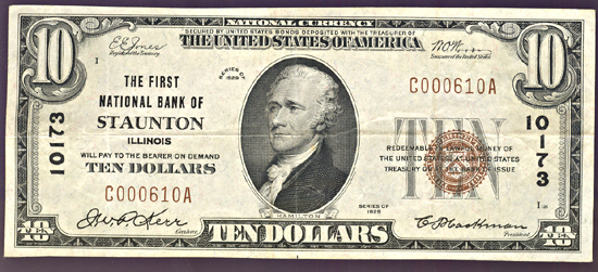 1929 $10.00. Staunton, IL Charter# 10173 Ty. 1. VF.