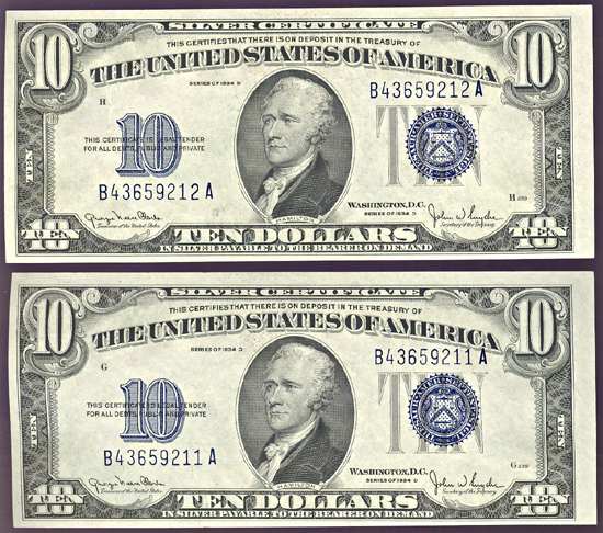 Sequential Pair of 1934-D $10.00.  CHCU.